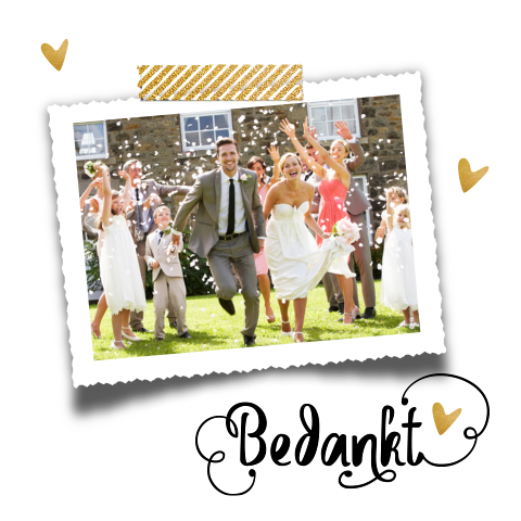 Enkele foto bedankkaart trouwen met goud en sierletters