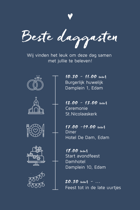 Blauwe dagprogramma kaart met details voor trouwdag