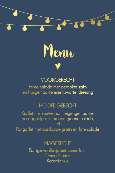 Festival lampjes donkerblauw menukaart trouwen goudfolie