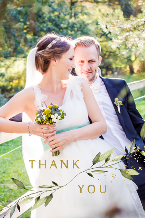 Foto bedankkaart trouwkaart eucalyptus blad goudfolie