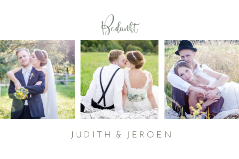 Enkel foto bedankkaart trouwen watercolor parelmoer groen