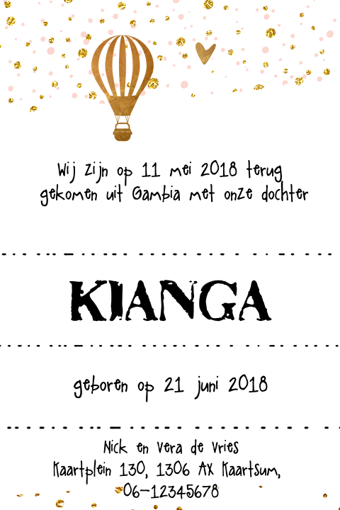 Modern enkel aankomstkaartje voor meisje met goud confetti