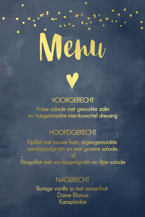 Enkele donkerblauwe menukaart trouwen goudfolie