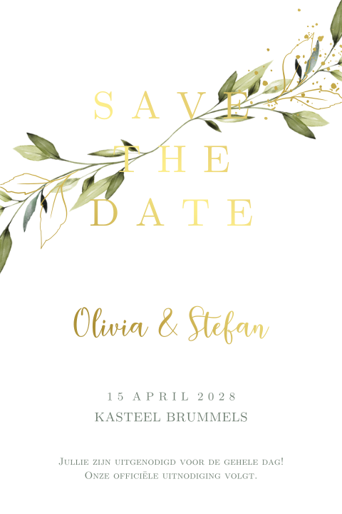 Eucalyptus blad save the date uitnodiging goudfolie