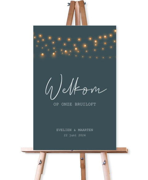 Welkomstbord groen met festival lichtjes
