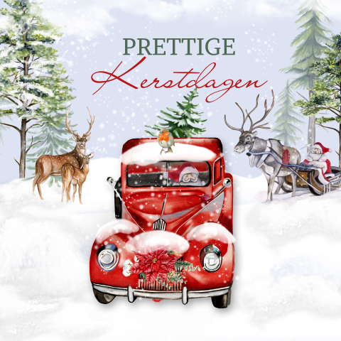 Kerstkaart met vintage auto rendieren kerstman