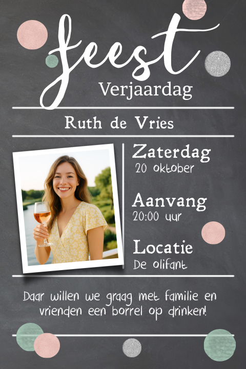 Uitnodiging verjaardag met rose goud en zilveren typografie