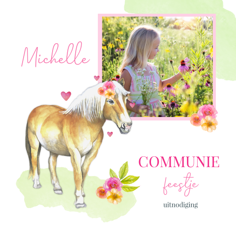Uitnodiging eerste communie met paard en bloemen