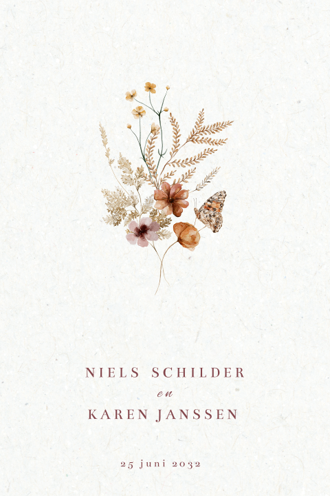 Trouwkaart aardetint droogbloemen en vlinder