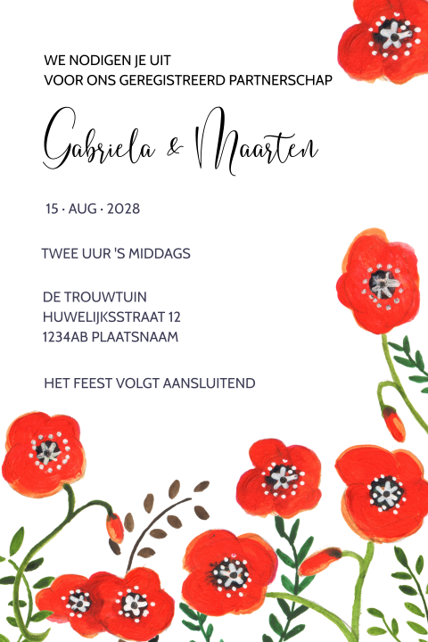 Geregistreerd partnerschap uitnodiging rode klaprozen