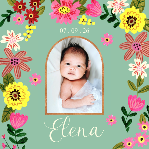 Meisjes geboortekaartje met vrolijke bloemen