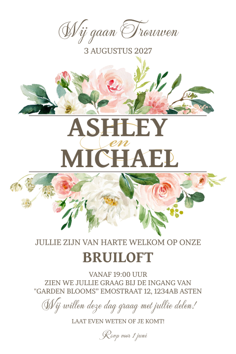 Uitnodiging trouwen met pastel bloemen