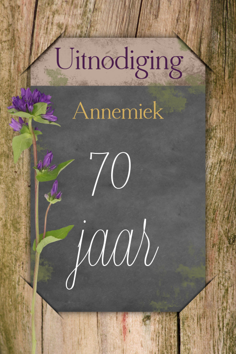 Uitnodiging 70 jaar verjaardagsfeest bord en bloem