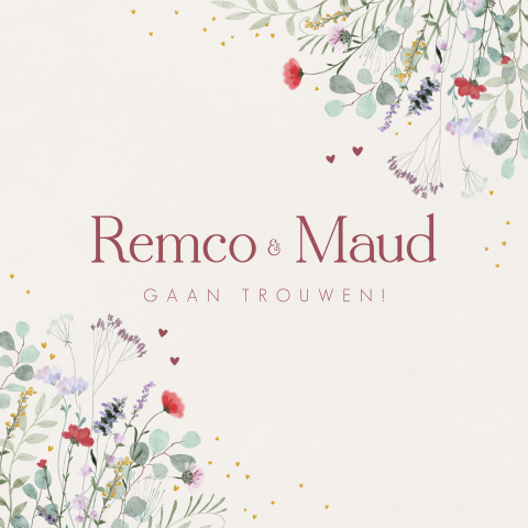 Bloemen trouwkaart met veldbloemen rood en paars