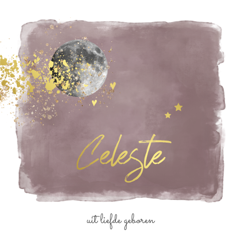 Geboortekaartje meisje met een maan en roze waterverf