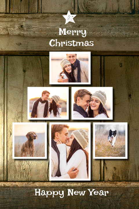 Kerstkaart collage 6 foto's kerstboomvorm op hout