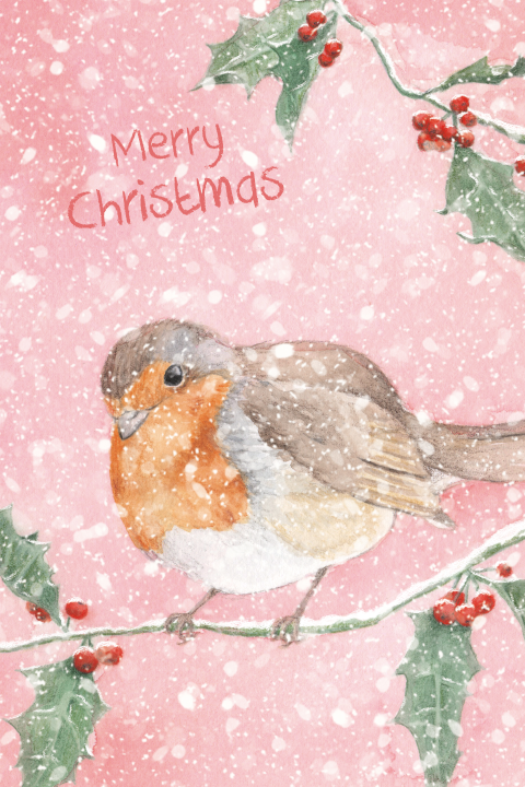 Kerstkaart roodborstje op hulsttak