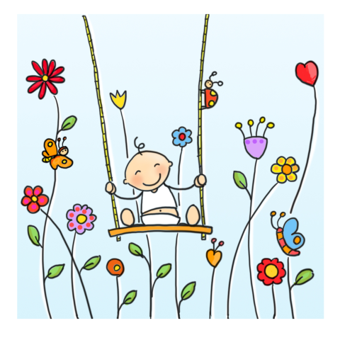 Babykaartje baby op schommel en bloemetjes en lieveheersbeestje