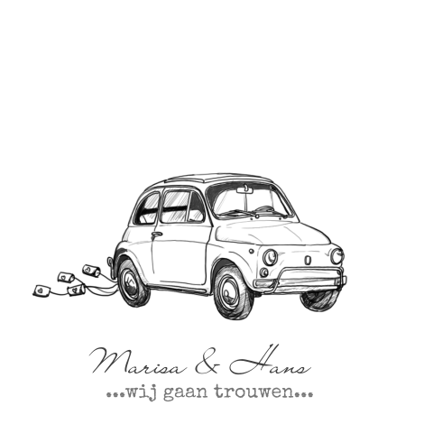 Trouwkaart met getekende Fiat 500 zwart wit