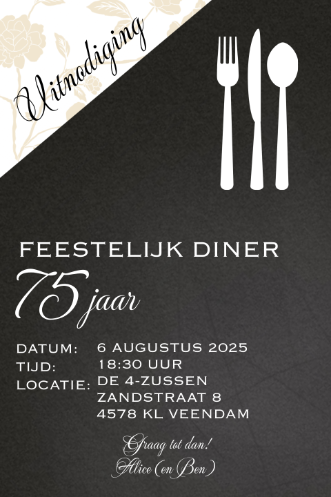 Uitnodigingskaart diner etentje 75 jaar verjaardag