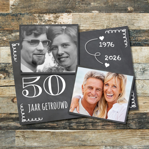 Houten foto collage uitnodiging 50 jaar getrouwd