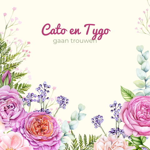 Trouwkaart met bloemen in paars en roze en varen takken