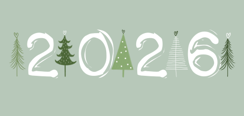 Kerstkaart 2026 typografie met bomen