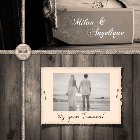 Trouwkaart vintage hout touw en foto