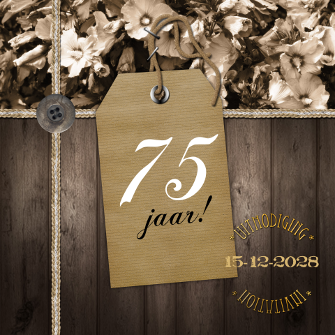Stoere uitnodiging bruin 75 jaar met bloemen