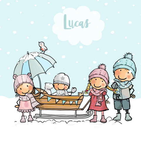 4e kindje winter thema geboortekaartje met een slee