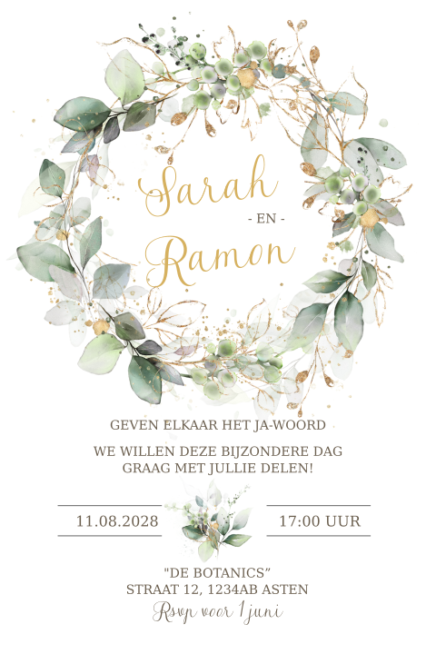 Uitnodiging voor een huwelijk met zacht groene krans