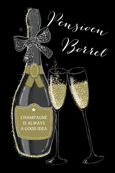 Uitnodiging pensioenborrel champagnefles en -glazen