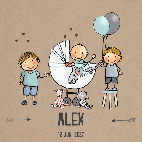 Stel je gezin samen geboortekaart jongen met knuffels