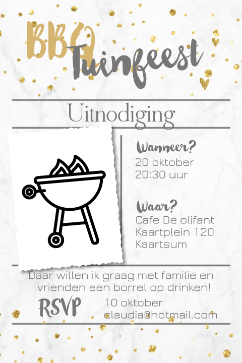 Uitnodiging tuinfeest bbq gouden glitters en foto