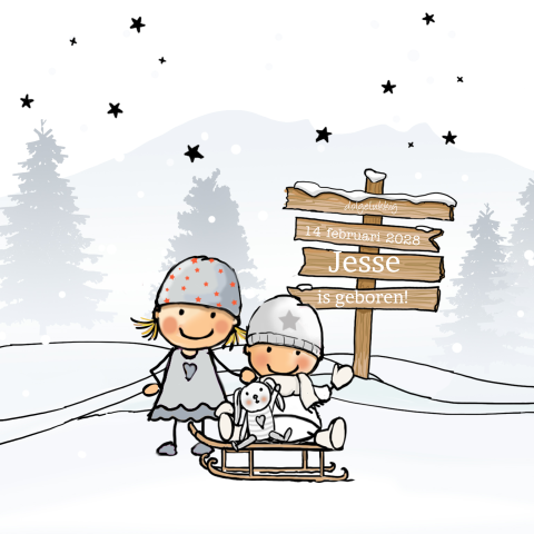 Vrolijk getekend geboortekaartje jongen tweede kindje sneeuw