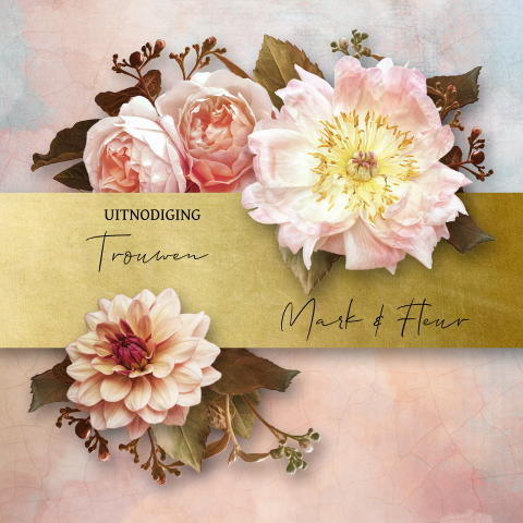 Trouwkaart met bloemen roze en goudlook accenten