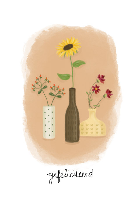 Felicitatie kaart met bloemen in vaasjes