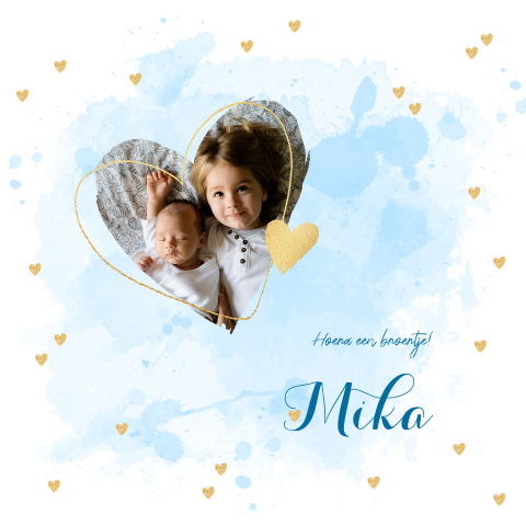Geboortekaartje 2de kindje broertje foto hartje aquarel