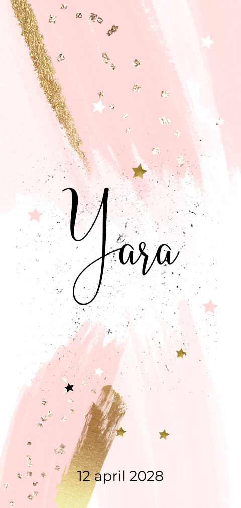 Langwerpig Geboortekaartje meisje met verfstrepen en sterretjes