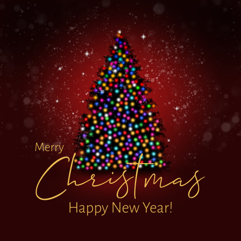 Kerstkaart met kerstboom met gekleurde lichtjes rood