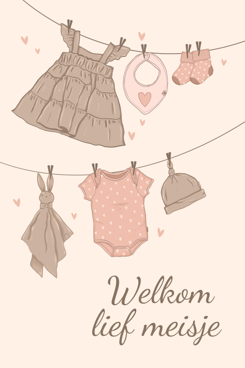 Felicitatiekaart geboorte meisje waslijn hartjes