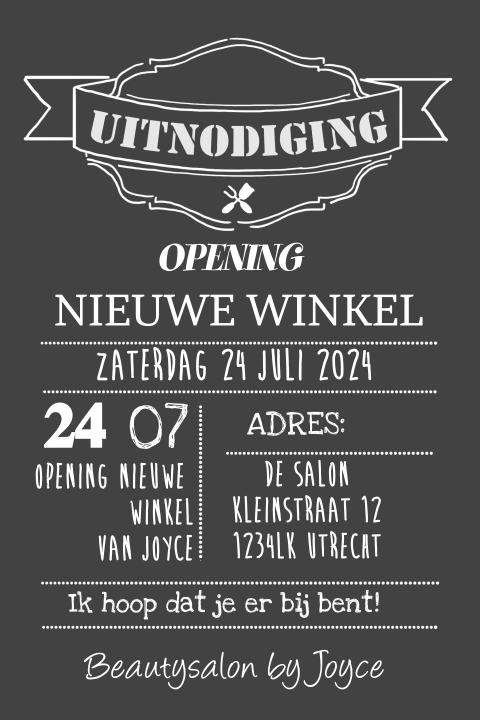 Uitnodiging krijtbord strak voor een winkel