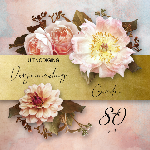 Uitnodiging verjaardag 80 jaar met bloemen en goudlook accenten
