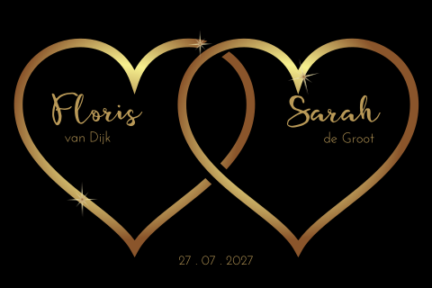 Trouwkaart zwart met gouden harten