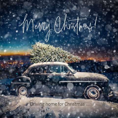 Zakelijke kerstkaart oldtimer met kerstboom