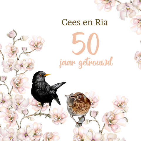 Uitnodiging 50 jaar jubileum feestje twee merels met bloesemtakken
