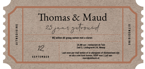 25 jarig jubileum uitnodiging kraft look in ticket vorm
