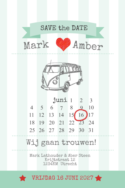 Save the date kaart met banner en retro busje