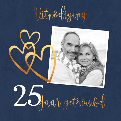Uitnodiging 25 jaar getrouwd foto en goud kleurig
