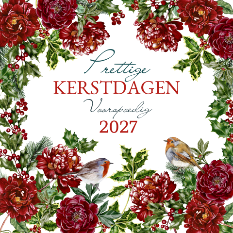 Stijlvolle kerstkaart met rode rozen en vogels